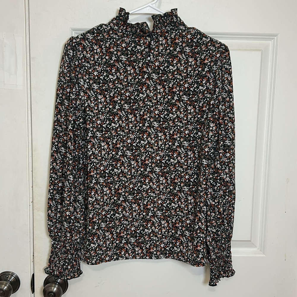 SHEIN Ruffled Floral Puff Sleeve Blouse size small black business casual - Picture 4 of 7